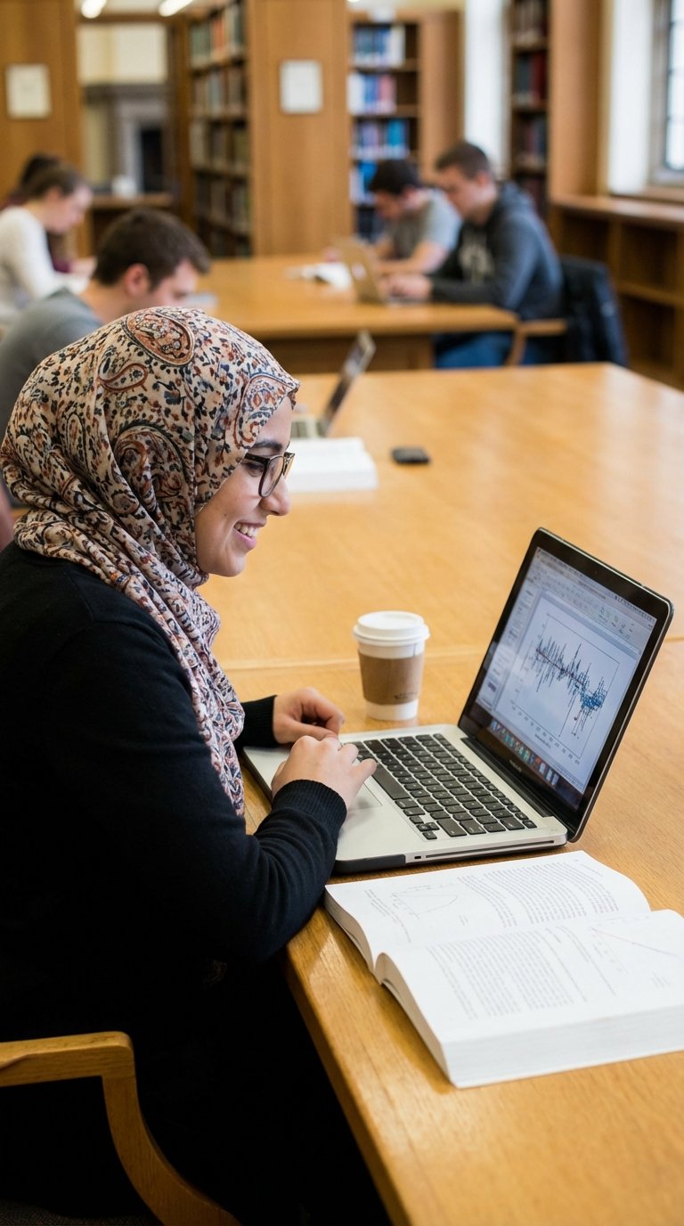 Student analyzing data on a laptop in a library